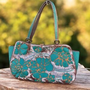Jamin Puech Vintage Hobo Sequence Teal and Brown Floral Rare Shoulder Bag